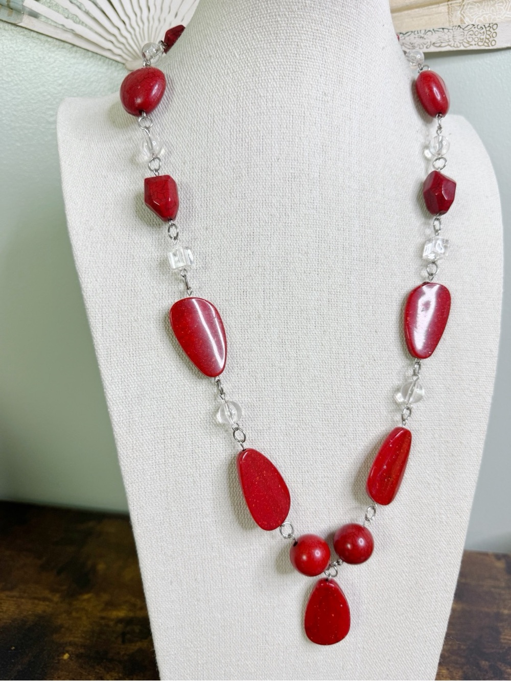 Red Beaded Statement Necklace - Faux Stone Acrylic Women Chunky Jewelry